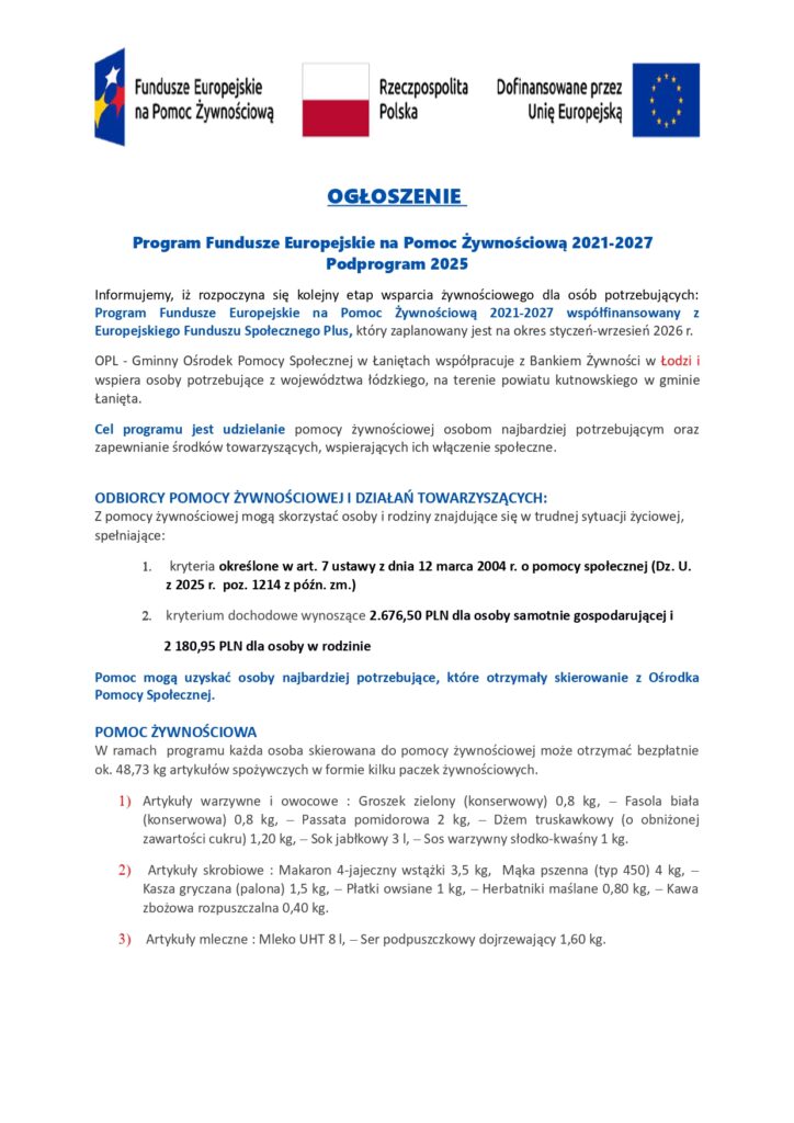 Rozpoczyna się kolejny etap wsparcia żywnościowego dla osób potrzebujących.