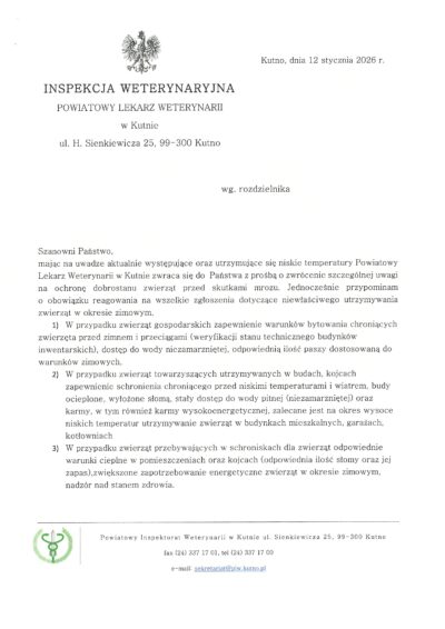 prośbą o zwrócenie szczególnej uwagi na ochronę dobrostanu zwierząt przed skutkami mrozu