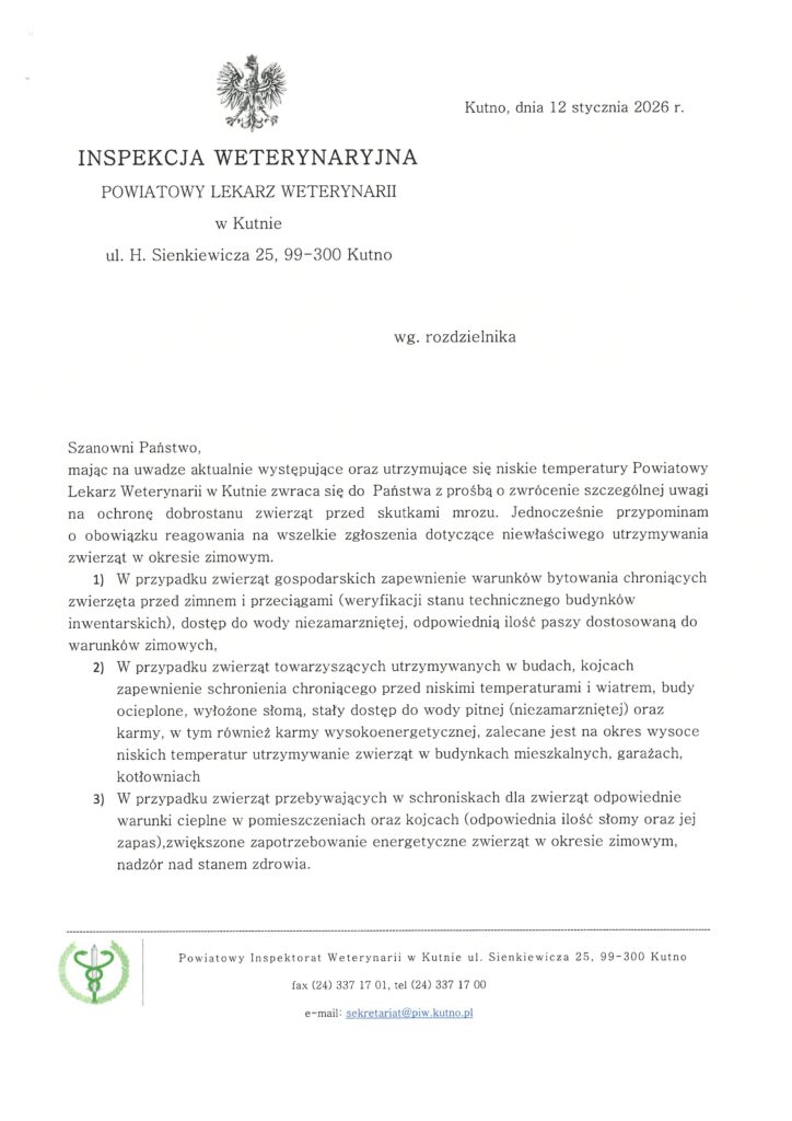 prośbą o zwrócenie szczególnej uwagi na ochronę dobrostanu zwierząt przed skutkami mrozu