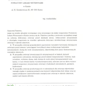 Prośbą o zwrócenie szczególnej uwagi na ochronę dobrostanu zwierząt przed skutkami mrozu.