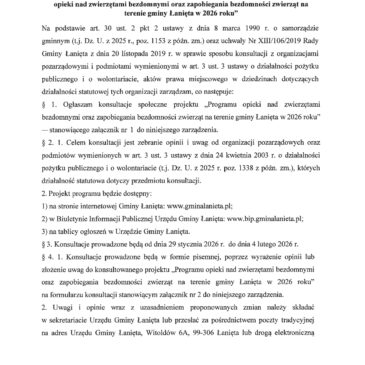 Zarządzenie Nr 10/2026 Wójta Gminy Łanięta z dnia 22 stycznia 2026 r. w sprawie przeprowadzenia konsultacji społecznych projektu „Programu opieki nad zwierzętami bezdomnymi oraz zapobiegania bezdomności zwierząt na terenie gminy Łanięta w 2026 roku”