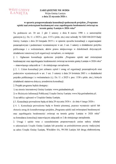 Zarządzenie Nr 10/2026 Wójta Gminy Łanięta z dnia 22 stycznia 2026 r. w sprawie przeprowadzenia konsultacji społecznych projektu "Programu opieki nad zwierzętami bezdomnymi oraz zapobiegania bezdomności zwierząt na terenie gminy Łanięta w 2026 roku"