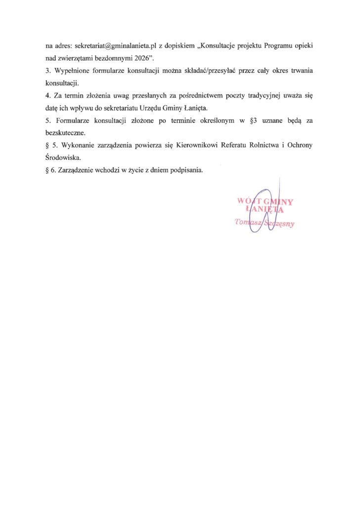 Zarządzenie Nr 10/2026 Wójta Gminy Łanięta z dnia 22 stycznia 2026 r. w sprawie przeprowadzenia konsultacji społecznych projektu "Programu opieki nad zwierzętami bezdomnymi oraz zapobiegania bezdomności zwierząt na terenie gminy Łanięta w 2026 roku" 