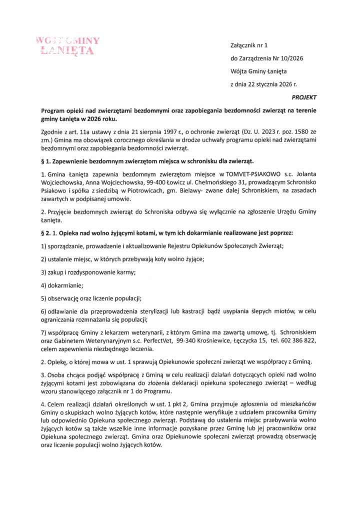 Zarządzenie Nr 10/2026 Wójta Gminy Łanięta z dnia 22 stycznia 2026 r. w sprawie przeprowadzenia konsultacji społecznych projektu "Programu opieki nad zwierzętami bezdomnymi oraz zapobiegania bezdomności zwierząt na terenie gminy Łanięta w 2026 roku" 