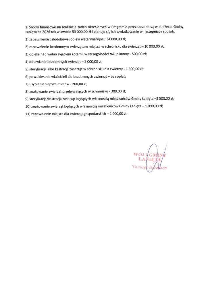 Zarządzenie Nr 10/2026 Wójta Gminy Łanięta z dnia 22 stycznia 2026 r. w sprawie przeprowadzenia konsultacji społecznych projektu "Programu opieki nad zwierzętami bezdomnymi oraz zapobiegania bezdomności zwierząt na terenie gminy Łanięta w 2026 roku" 