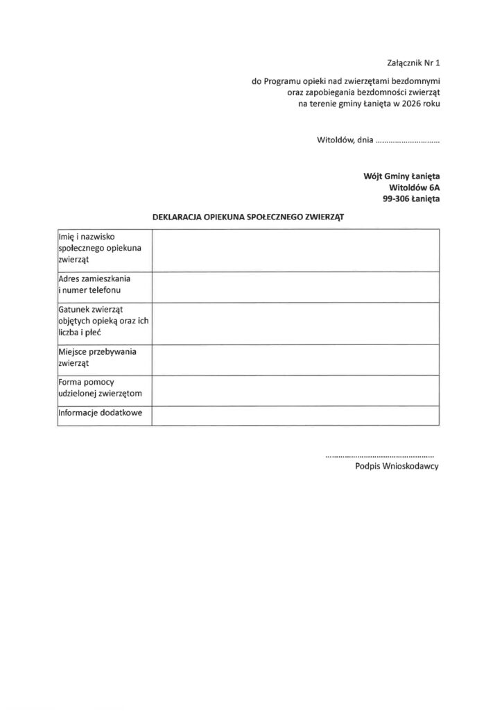 Zarządzenie Nr 10/2026 Wójta Gminy Łanięta z dnia 22 stycznia 2026 r. w sprawie przeprowadzenia konsultacji społecznych projektu "Programu opieki nad zwierzętami bezdomnymi oraz zapobiegania bezdomności zwierząt na terenie gminy Łanięta w 2026 roku" 