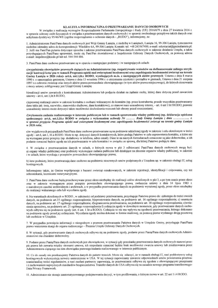 Zarządzenie Nr 10/2026 Wójta Gminy Łanięta z dnia 22 stycznia 2026 r. w sprawie przeprowadzenia konsultacji społecznych projektu "Programu opieki nad zwierzętami bezdomnymi oraz zapobiegania bezdomności zwierząt na terenie gminy Łanięta w 2026 roku" 