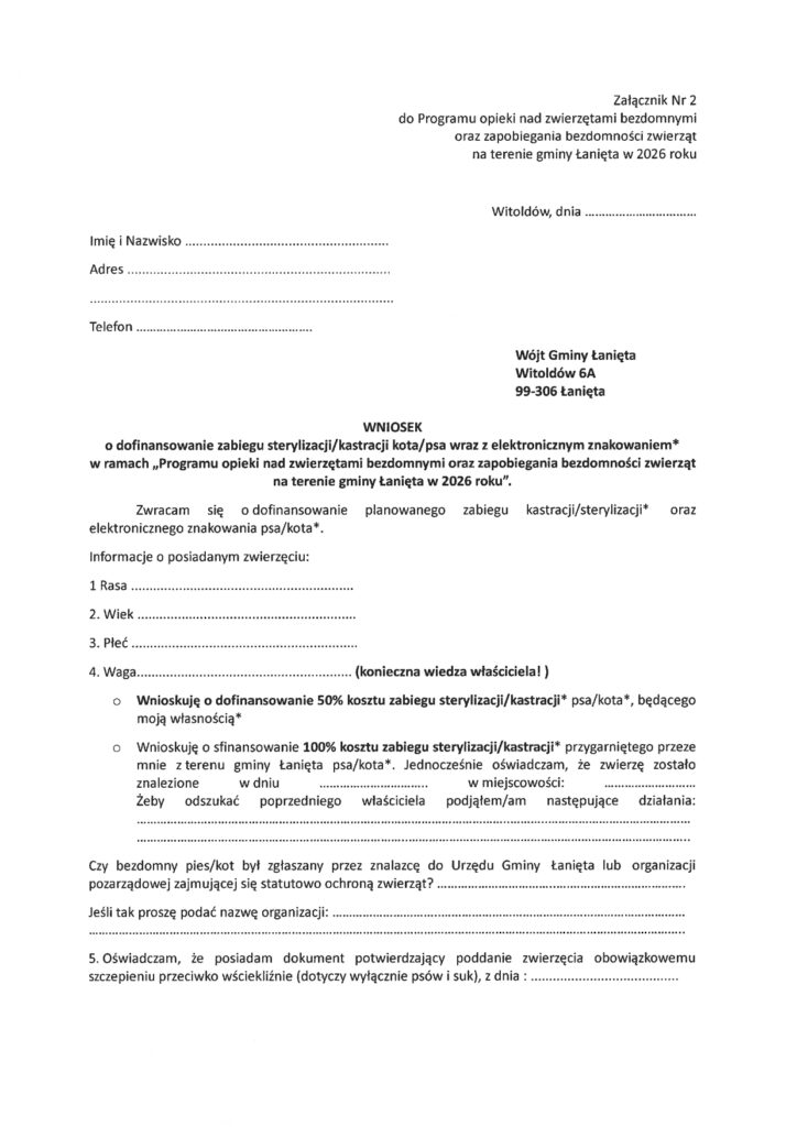 Zarządzenie Nr 10/2026 Wójta Gminy Łanięta z dnia 22 stycznia 2026 r. w sprawie przeprowadzenia konsultacji społecznych projektu "Programu opieki nad zwierzętami bezdomnymi oraz zapobiegania bezdomności zwierząt na terenie gminy Łanięta w 2026 roku" 