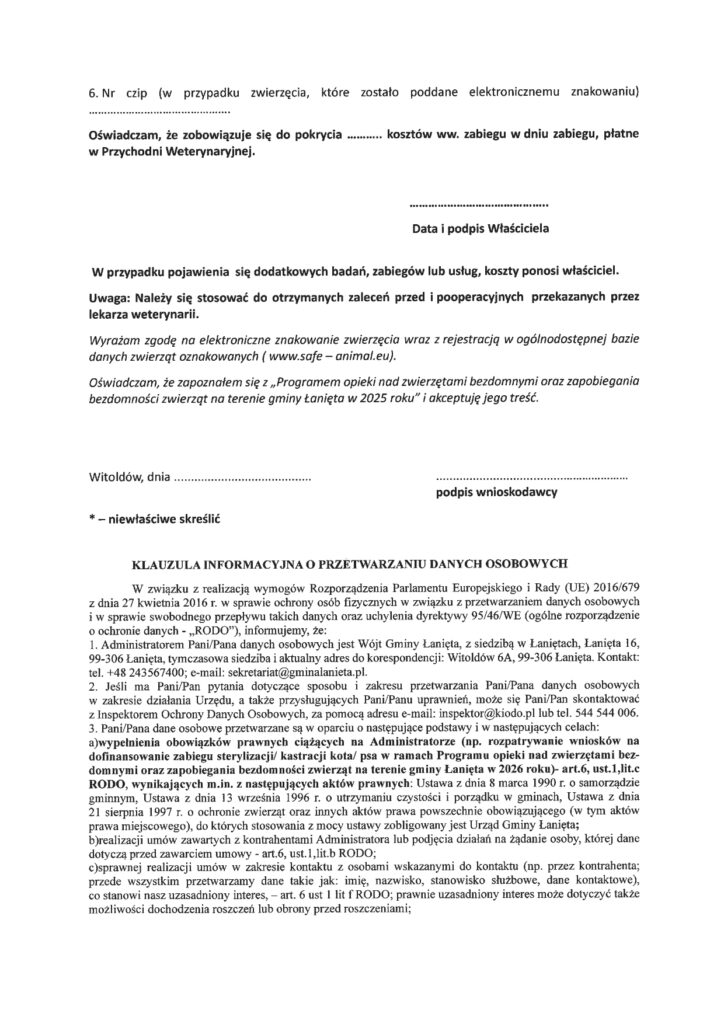 Zarządzenie Nr 10/2026 Wójta Gminy Łanięta z dnia 22 stycznia 2026 r. w sprawie przeprowadzenia konsultacji społecznych projektu "Programu opieki nad zwierzętami bezdomnymi oraz zapobiegania bezdomności zwierząt na terenie gminy Łanięta w 2026 roku" 