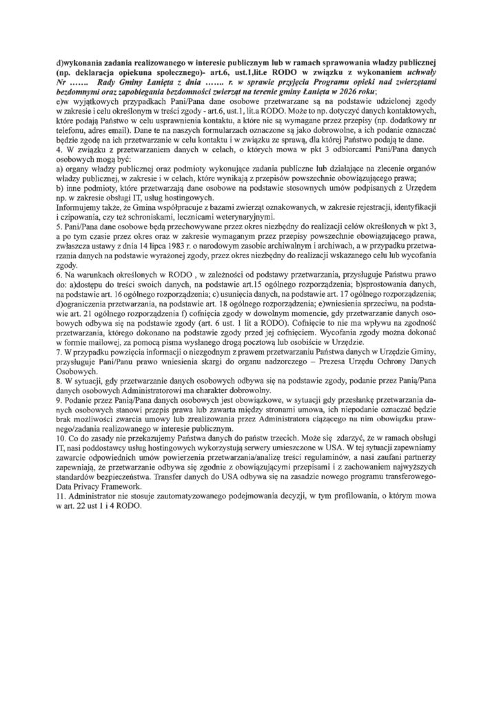 Zarządzenie Nr 10/2026 Wójta Gminy Łanięta z dnia 22 stycznia 2026 r. w sprawie przeprowadzenia konsultacji społecznych projektu "Programu opieki nad zwierzętami bezdomnymi oraz zapobiegania bezdomności zwierząt na terenie gminy Łanięta w 2026 roku" 