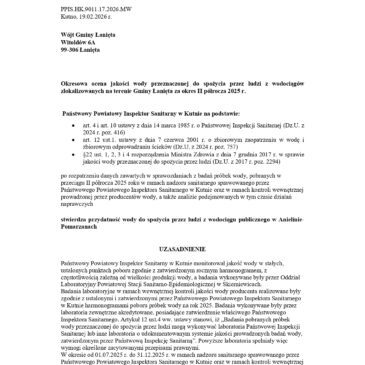 Okresowa ocena jakości wody przeznaczonej do spożycia przez ludzi z wodociągów zlokalizowanych na terenie Gminy Łanięta za okres II półrocza 2025 r.