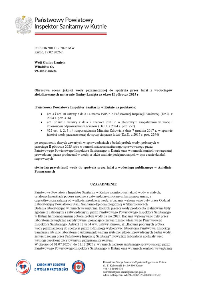 Okresowa ocena jakości wody przeznaczonej do spożycia przez ludzi z wodociągów zlokalizowanych na terenie Gminy Łanięta za okres II półrocza 2025 r.