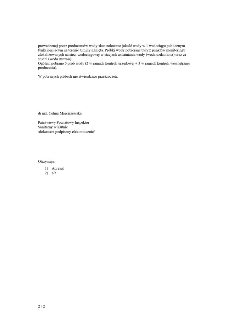 Okresowa ocena jakości wody przeznaczonej do spożycia przez ludzi z wodociągów zlokalizowanych na terenie Gminy Łanięta za okres II półrocza 2025 r.