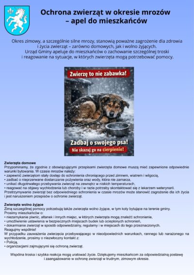 Apel ws. ochrony zwierząt w czasie mrozów.