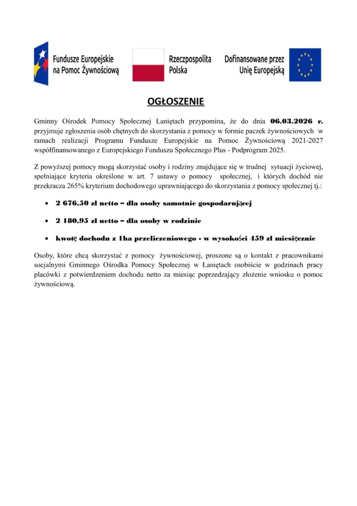 Ogłoszenie- paczki żywnościowe