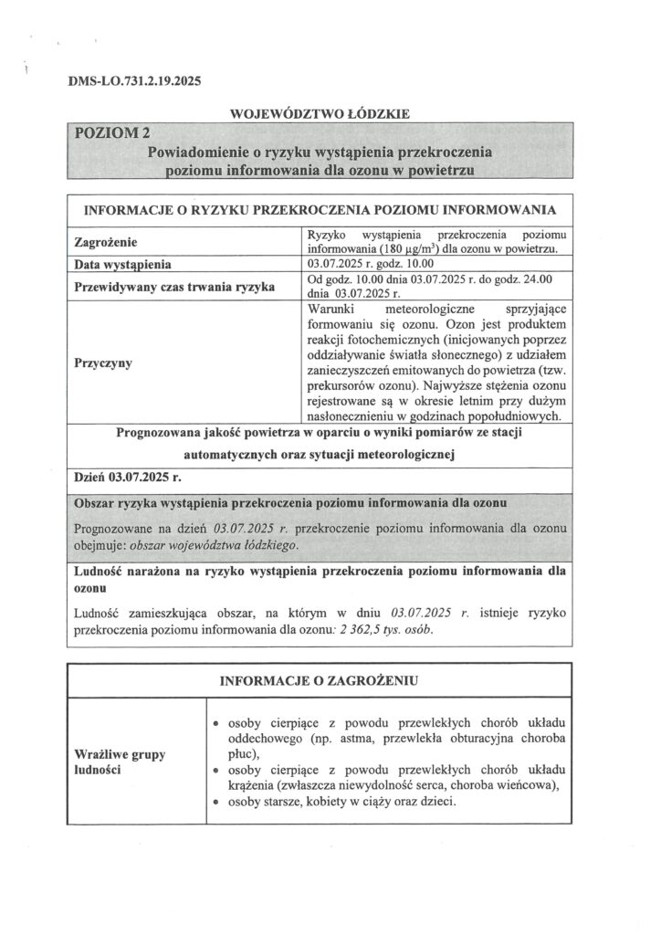 Powiadomienie o ryzyku wystąpienia przekroczenia poziomu informowania dla ozonu w powietrzu