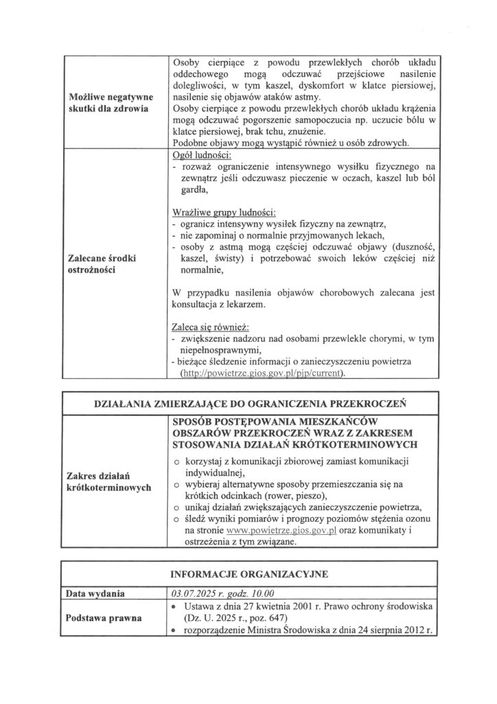 Powiadomienie o ryzyku wystąpienia przekroczenia poziomu informowania dla ozonu w powietrzu