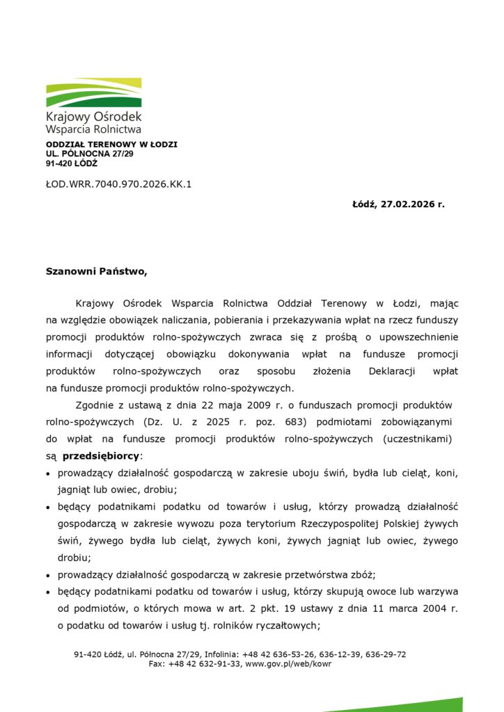 Ważna informacja dla branży rolno-spożywczej