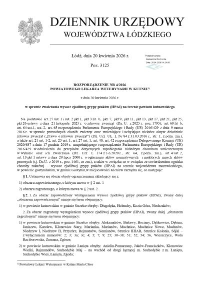 Komunikat w związku z wystąpieniem wysoce zjadliwej grypy ptaków (HPAI)