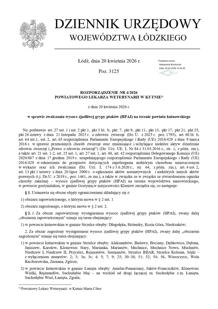 Komunikat w związku z wystąpieniem wysoce zjadliwej grypy ptaków (HPAI)