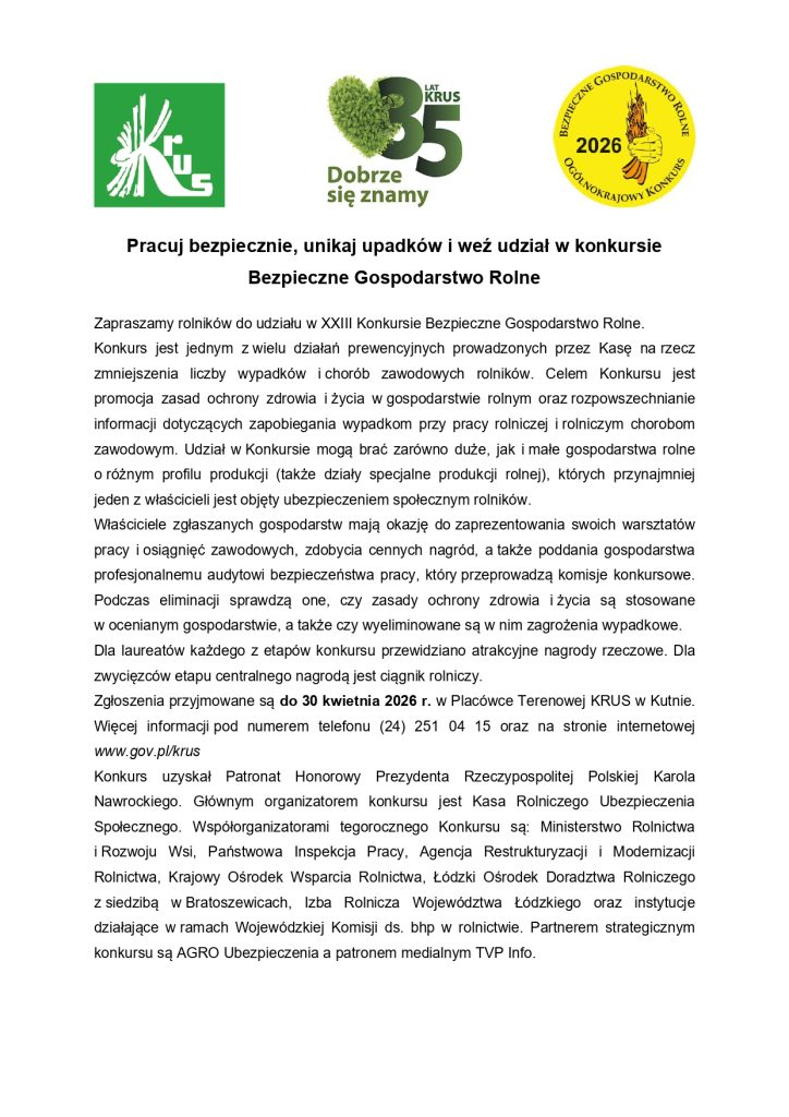 „ Pracuj bezpiecznie, unikaj upadków i weź udział w konkursie Bezpieczne Gospodarstwo Rolne” 