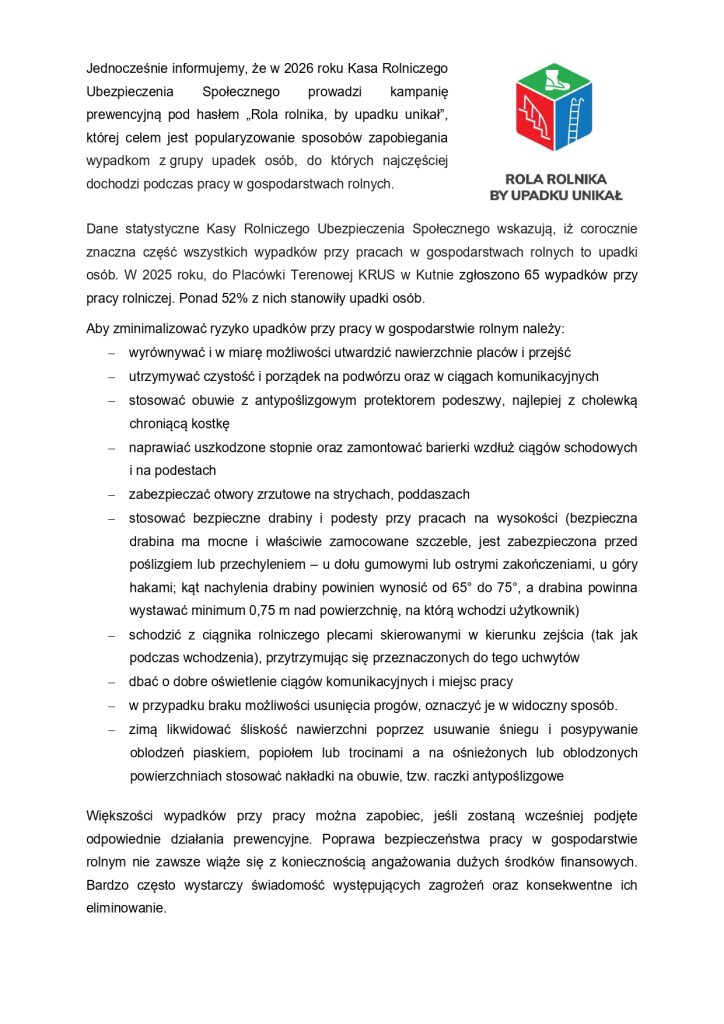 „ Pracuj bezpiecznie, unikaj upadków i weź udział w konkursie Bezpieczne Gospodarstwo Rolne” 