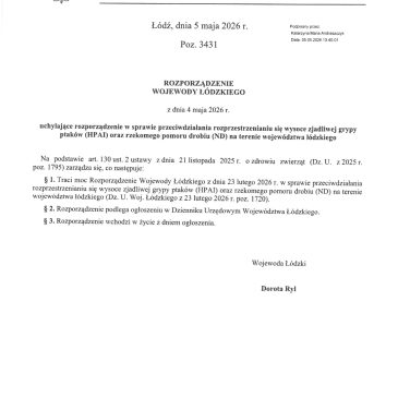 Rozporządzenie Wojewody Łódzkiego z dnia 4 maja 2026 r. uchylające rozporządzenie w sprawie przeciwdziałania rozprzestrzenianiu się wysoce zjadliwej grypy ptaków (HPAI) oraz rzekomego pomoru drobiu (ND) na terenie województwa łódzkiego