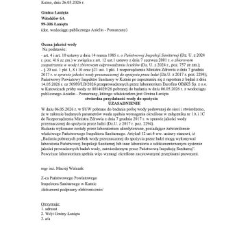 Ocena jakości wody z dnia 26.05.2026 r.