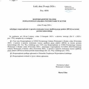 Uwaga! Rozporządzenie Nr 6/2026 Powiatowego Lekarza Weterynarii w Kutnie z dnia 29 maja 2026 r. uchylające rozporządzenie w sprawie zwalczania wysoce zjadliwej grypy ptaków (HPAI) na terenie powiatu kutnowskiego