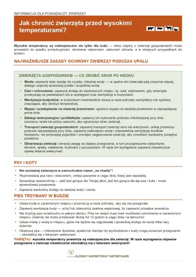 Informacja dla posiadaczy zwierząt od Głównego Inspektora Weterynarii „Jak chronić zwierzęta przed wysokimi temperaturami?”.