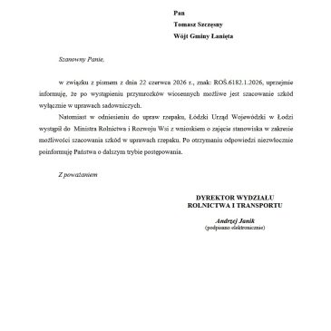 Informacja o szkodach w uprawach rolnych powstałych w wyniku przymrozków wiosennych na terenie Gminy Łanięta