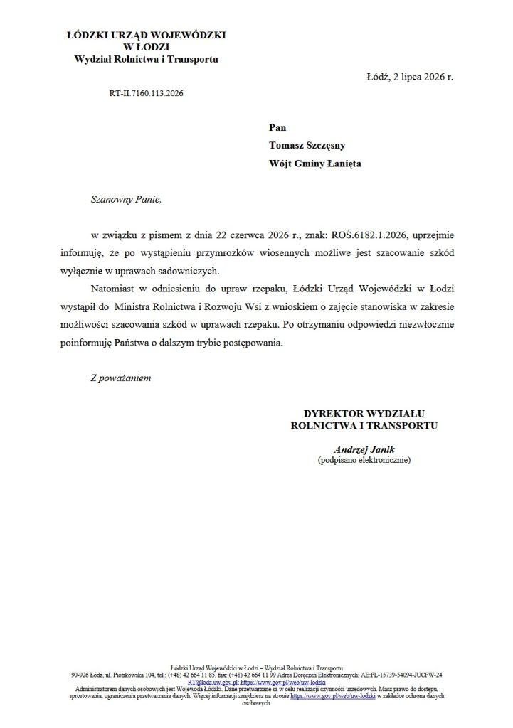 🌾❄️ Informacja o szkodach w uprawach rolnych powstałych w wyniku przymrozków wiosennych na terenie Gminy Łanięta 🌱
